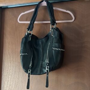 B Makowsky Black Leather Silver Metal Chain Purse Gorgeous Bag Rocker Biker Sexy